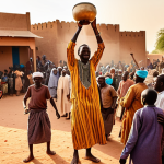 ** A vibrant scene of a Malian wedding in a small village near Mopti. A griot plays a kora, filling the air with music as people celebrate. The setting sun casts a warm glow on the traditional Malian clothing and architecture. Focus on the joy and community spirit conveyed through the music.

**