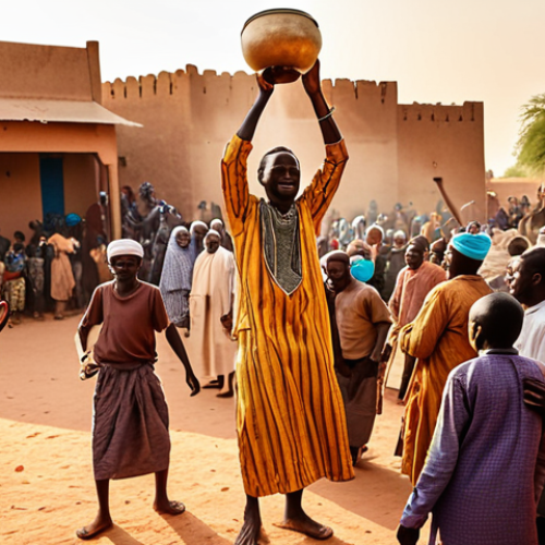 Home 4 ** A vibrant scene of a Malian wedding in a small village near Mopti. A griot plays a kora, filling the air with music as people celebrate. The setting sun casts a warm glow on the traditional Malian clothing and architecture. Focus on the joy and community spirit conveyed through the music.
**
