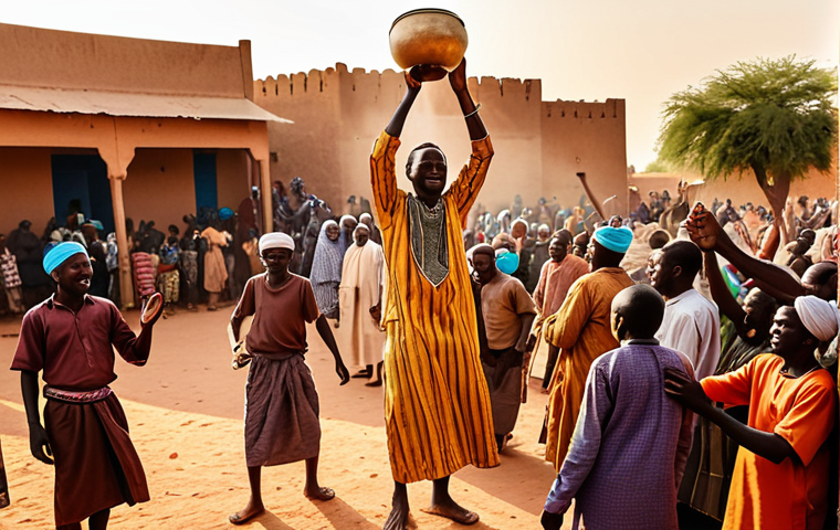 ** A vibrant scene of a Malian wedding in a small village near Mopti. A griot plays a kora, filling the air with music as people celebrate. The setting sun casts a warm glow on the traditional Malian clothing and architecture. Focus on the joy and community spirit conveyed through the music.
**
