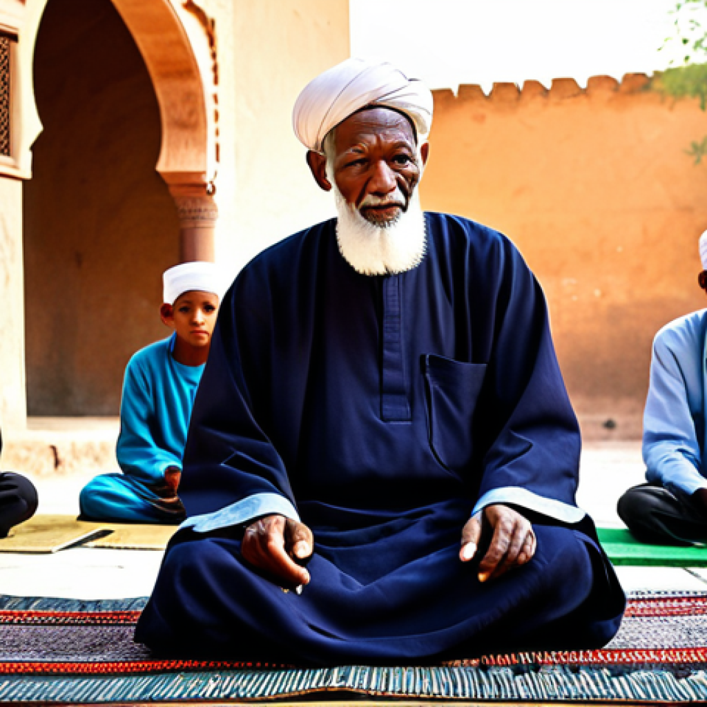 A wise and respected elderly Imam from Mali, with a gentle expression, wearing a traditional, modest flowing robe and a turban, fully clothed. He is seated on a mat in a sunlit, simple madrasa courtyard, surrounded by a few attentive, modestly dressed young students. The scene depicts a moment of quiet teaching and spiritual guidance, with ancient adobe architecture in the background. Perfect anatomy, correct proportions, natural pose, well-formed hands, proper finger count, natural body proportions. Professional photography, high detail, realistic, warm lighting, vibrant colors, safe for work, appropriate content, fully clothed, family-friendly.