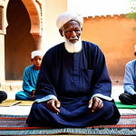 A wise and respected elderly Imam from Mali, with a gentle expression, wearing a traditional, modest flowing robe and a turban, fully clothed. He is seated on a mat in a sunlit, simple madrasa courtyard, surrounded by a few attentive, modestly dressed young students. The scene depicts a moment of quiet teaching and spiritual guidance, with ancient adobe architecture in the background. Perfect anatomy, correct proportions, natural pose, well-formed hands, proper finger count, natural body proportions. Professional photography, high detail, realistic, warm lighting, vibrant colors, safe for work, appropriate content, fully clothed, family-friendly.