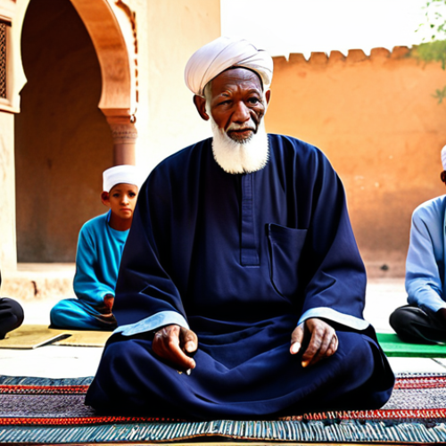 A wise and respected elderly Imam from Mali, with a gentle expression, wearing a traditional, modest flowing robe and a turban, fully clothed. He is seated on a mat in a sunlit, simple madrasa courtyard, surrounded by a few attentive, modestly dressed young students. The scene depicts a moment of quiet teaching and spiritual guidance, with ancient adobe architecture in the background. Perfect anatomy, correct proportions, natural pose, well-formed hands, proper finger count, natural body proportions. Professional photography, high detail, realistic, warm lighting, vibrant colors, safe for work, appropriate content, fully clothed, family-friendly.