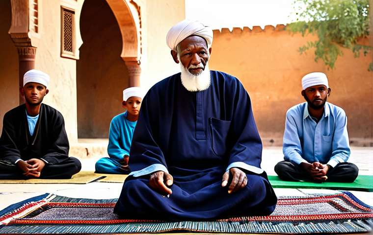 A wise and respected elderly Imam from Mali, with a gentle expression, wearing a traditional, modest flowing robe and a turban, fully clothed. He is seated on a mat in a sunlit, simple madrasa courtyard, surrounded by a few attentive, modestly dressed young students. The scene depicts a moment of quiet teaching and spiritual guidance, with ancient adobe architecture in the background. Perfect anatomy, correct proportions, natural pose, well-formed hands, proper finger count, natural body proportions. Professional photography, high detail, realistic, warm lighting, vibrant colors, safe for work, appropriate content, fully clothed, family-friendly.