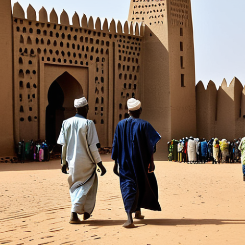 Djenné Great Mosque**

"The Great Mosque of Djenné, a majestic mud-brick structure, towers over the town, Djenné, Mali, people in modest clothing walking in the foreground, sunny day, appropriate attire, safe for work, perfect anatomy, natural proportions, architectural photography, high quality, professional"

**