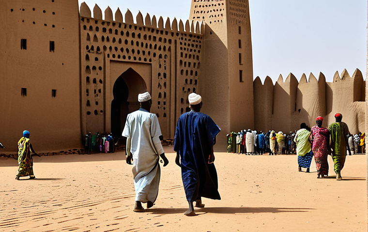 Djenné Great Mosque**
"The Great Mosque of Djenné, a majestic mud-brick structure, towers over the town, Djenné, Mali, people in modest clothing walking in the foreground, sunny day, appropriate attire, safe for work, perfect anatomy, natural proportions, architectural photography, high quality, professional"
**