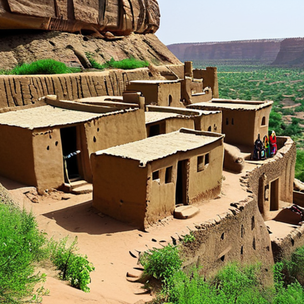 말리에서의 트레킹 코스 - Pays Dogon Village**
"A breathtaking view of a Dogon village nestled in the cliffs of Mali, West Af...