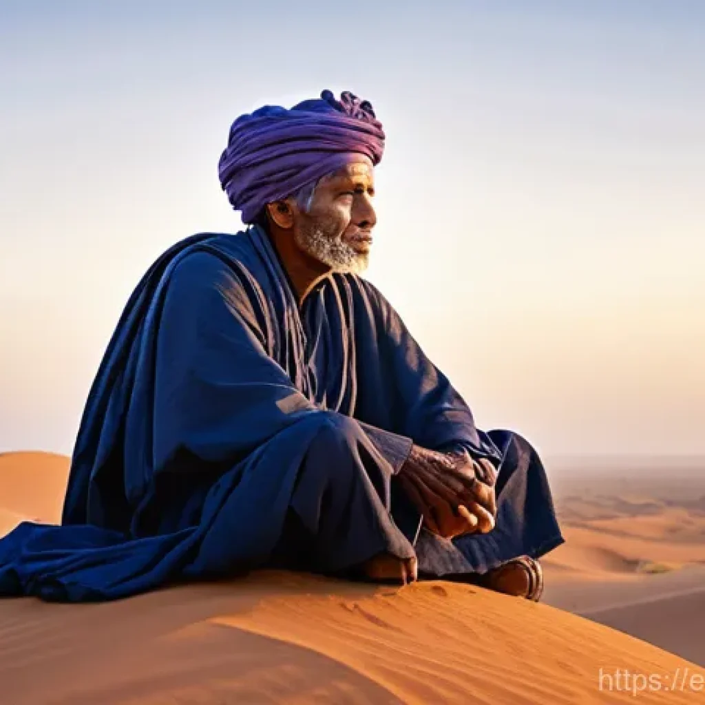 말리 내전과 테러 위협 - **Prompt:** A serene and contemplative image of a wise, elderly Tuareg man, dressed in a traditional...