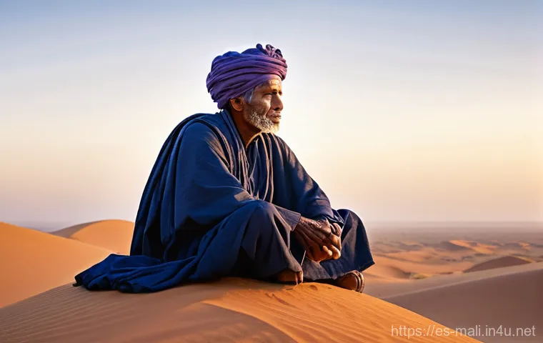 말리 내전과 테러 위협 - **Prompt:** A serene and contemplative image of a wise, elderly Tuareg man, dressed in a traditional...