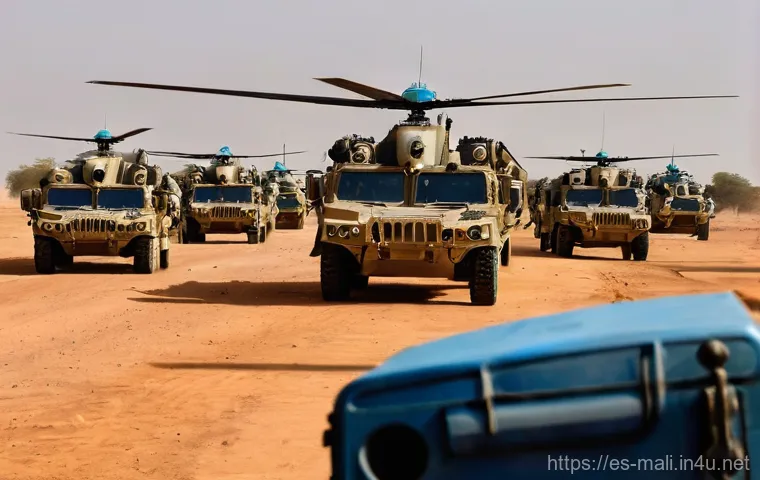 말리의 군사력과 국방 정책 - **Prompt:** A vivid, transitional scene set in a dusty, vast landscape in Mali. In the foreground, a...