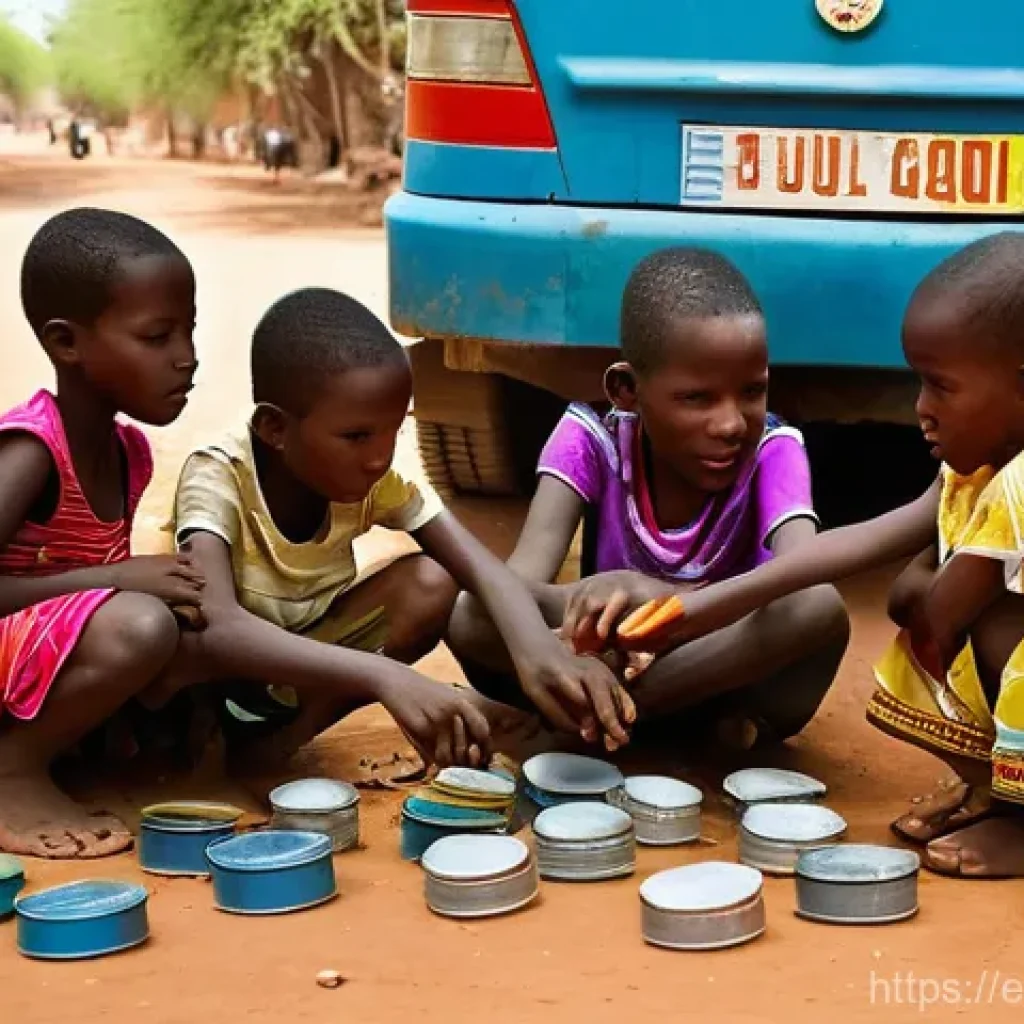 말리의 전통 놀이와 어린이 문화 - **Prompt:** A vibrant, sun-drenched scene in the outskirts of Bamako, Mali. A group of Malian childr...