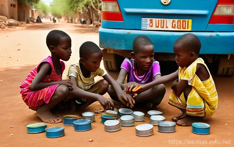 말리의 전통 놀이와 어린이 문화 - **Prompt:** A vibrant, sun-drenched scene in the outskirts of Bamako, Mali. A group of Malian childr...