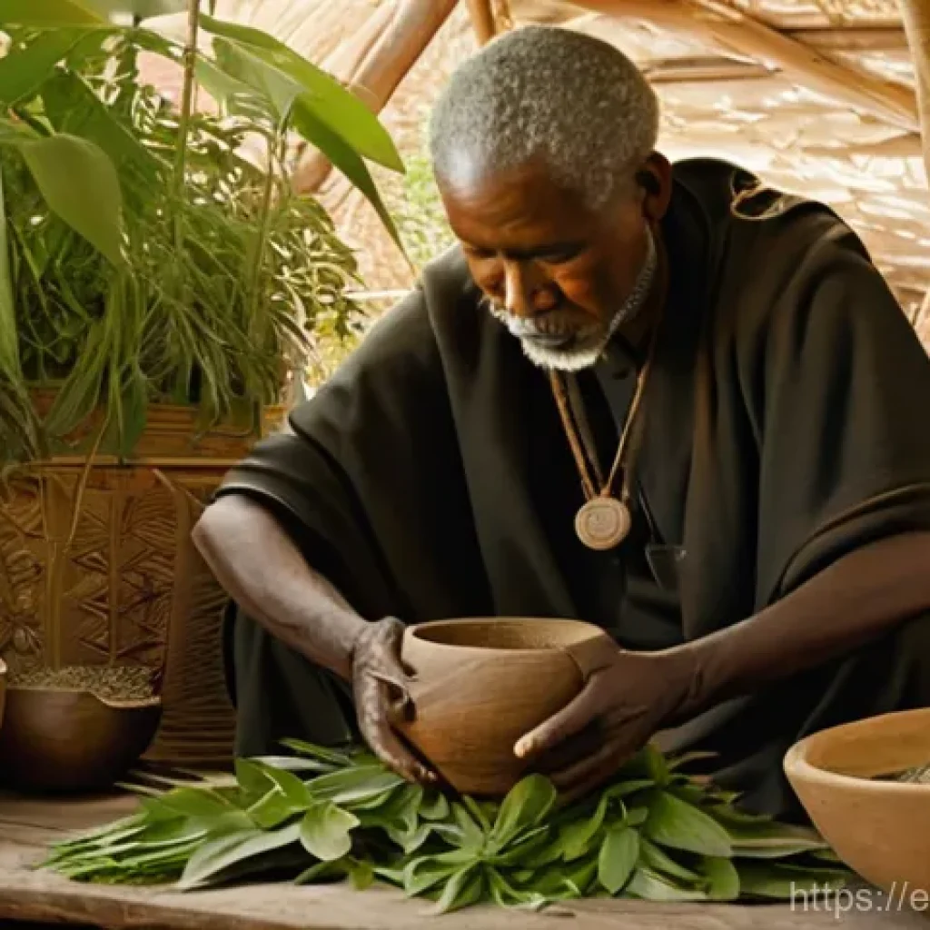 말리의 전통 치료법과 서양 의학 - **Prompt 1: The Wise Healer's Sanctuary**
"A portrait of an elderly African traditional healer, ...