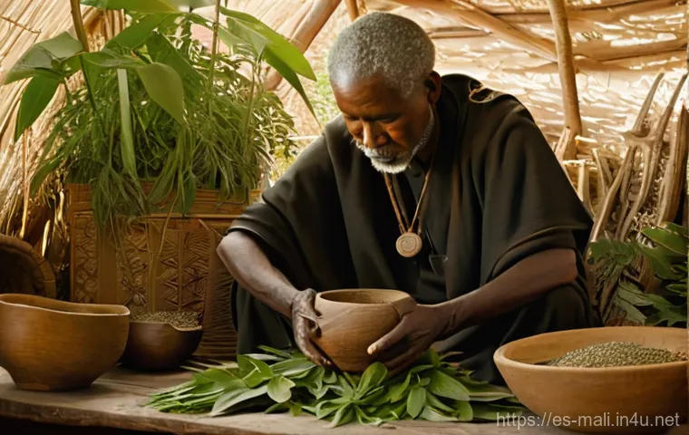 말리의 전통 치료법과 서양 의학 - **Prompt 1: The Wise Healer's Sanctuary**
"A portrait of an elderly African traditional healer, ...