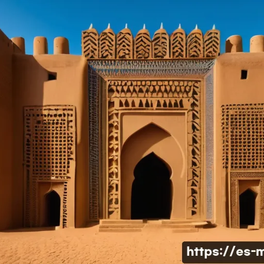 젠네 모스크 - **Prompt:** A majestic, wide-angle view of the Great Mosque of Djenné under a clear, vibrant blue sk...