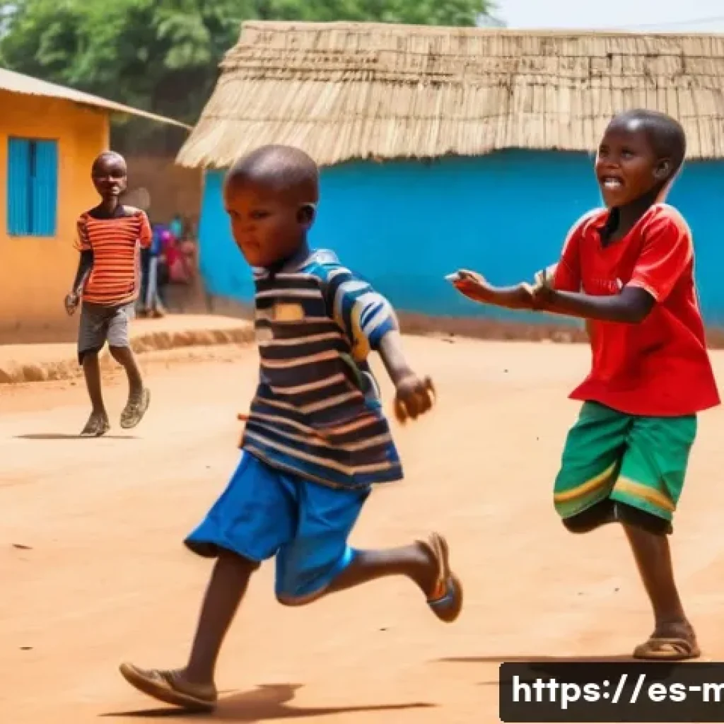 말리 축구 대표팀 - A vibrant street scene in Mali showing children playing football energetically on dusty roads in a b...