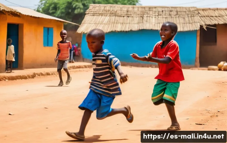 말리 축구 대표팀 - A vibrant street scene in Mali showing children playing football energetically on dusty roads in a b...