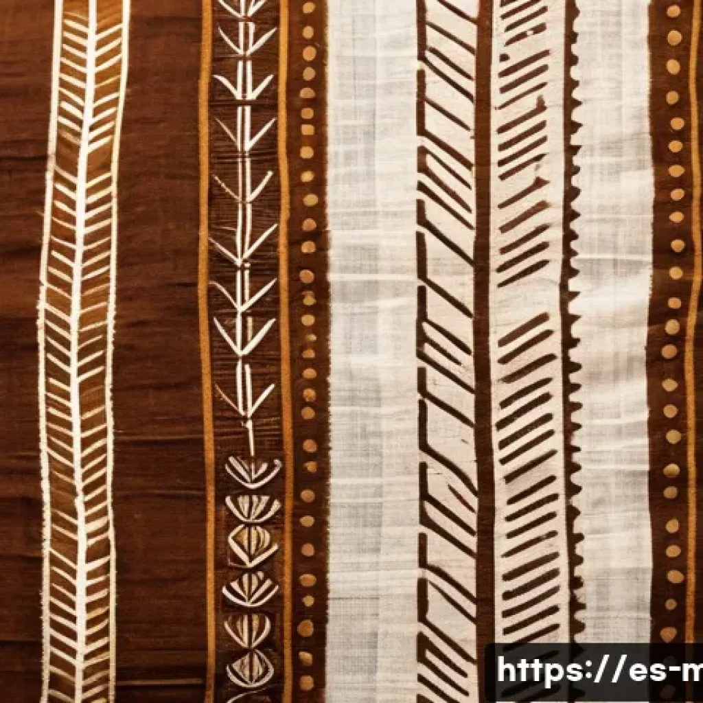 말리 공예품과 기념품 추천 - A detailed close-up of traditional Malian bogolán fabric, showcasing rich earthy tones of brown, och...