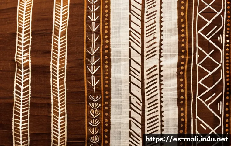 말리 공예품과 기념품 추천 - A detailed close-up of traditional Malian bogolán fabric, showcasing rich earthy tones of brown, och...
