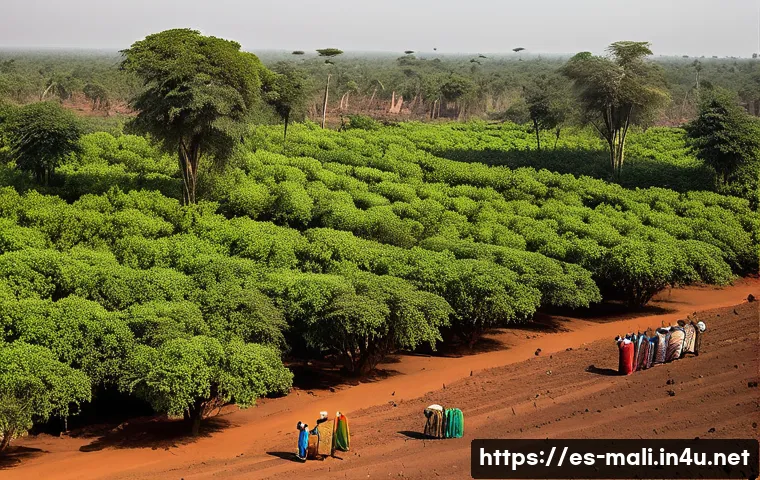 말리에서 벌어지는 환경 문제 - A rural Malian landscape showing a stark contrast between a dense, vibrant forest on one side and a ...