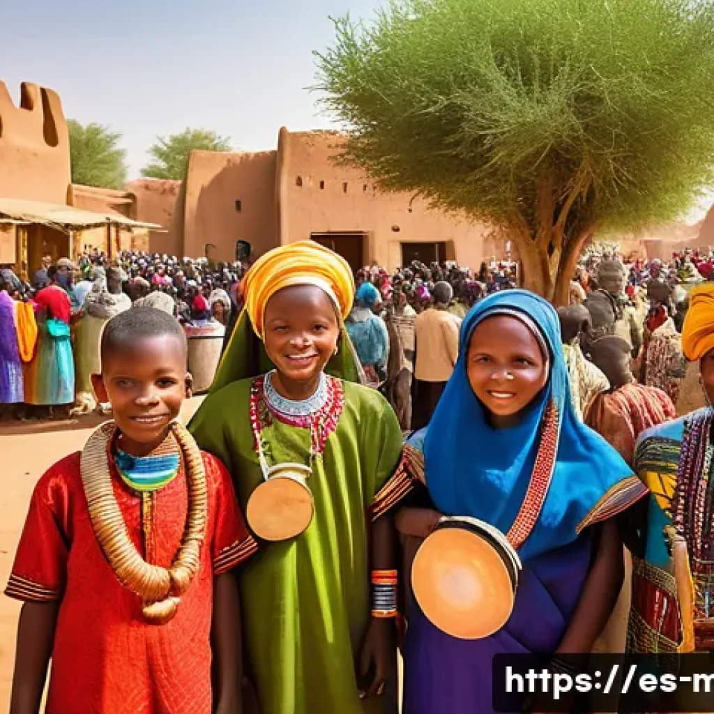 말리에서의 인종 차별 문제 - A vibrant community gathering in a Malian village showcasing diverse ethnic groups dressed in tradit...
