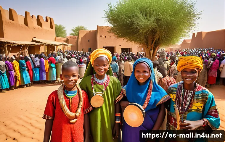 말리에서의 인종 차별 문제 - A vibrant community gathering in a Malian village showcasing diverse ethnic groups dressed in tradit...