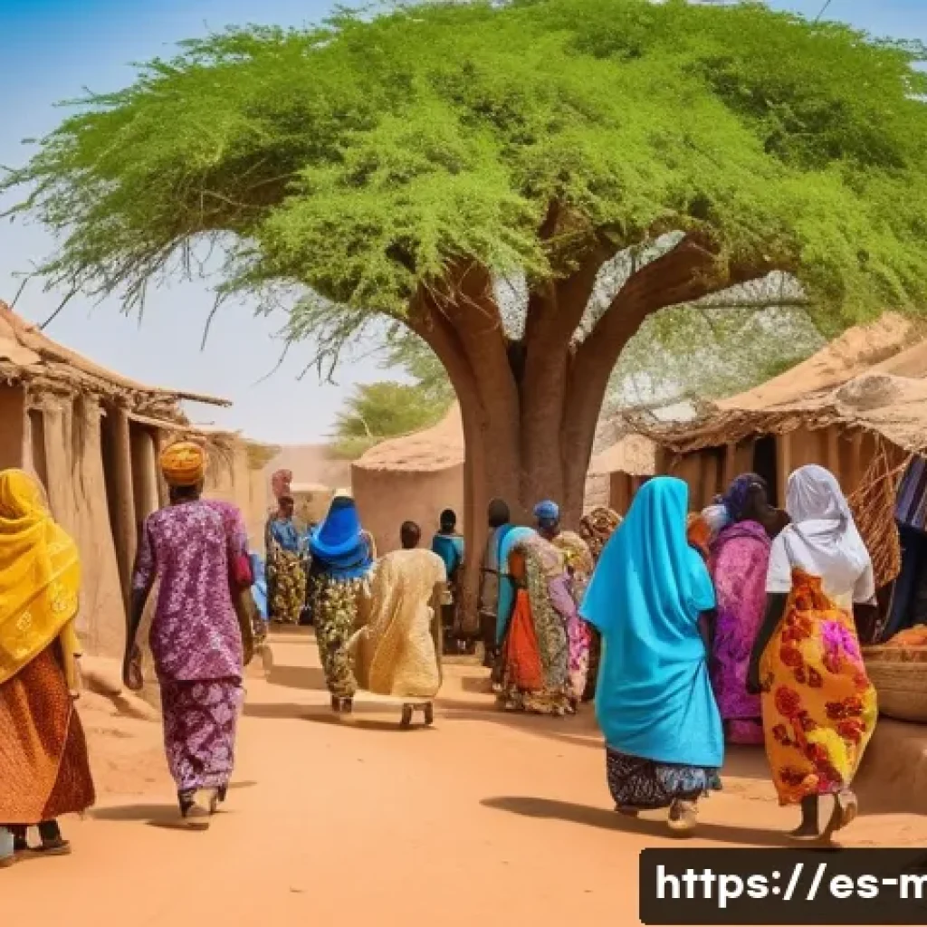 말리의 법과 질서 - A vibrant marketplace scene in a rural Malian village featuring diverse ethnic groups in traditional...