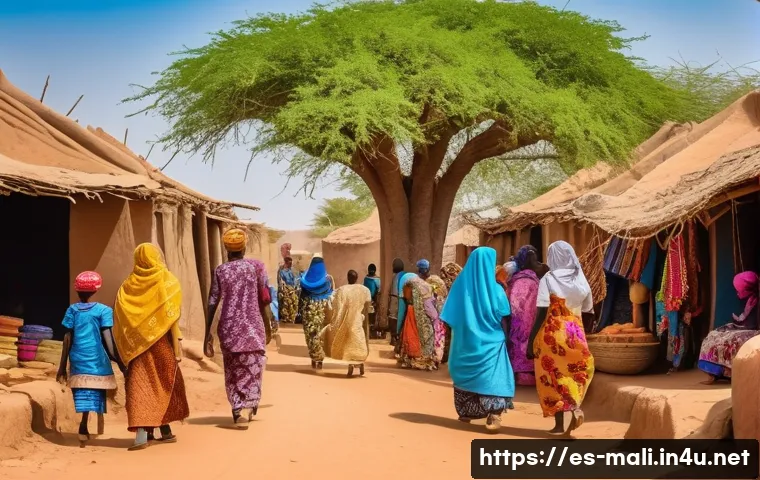 말리의 법과 질서 - A vibrant marketplace scene in a rural Malian village featuring diverse ethnic groups in traditional...