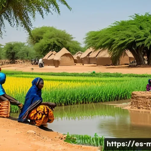 Home 32 니제르 강과 말리 경제 - A vibrant rural Malian riverside scene along the Niger River during the dry season, showing local fa...
