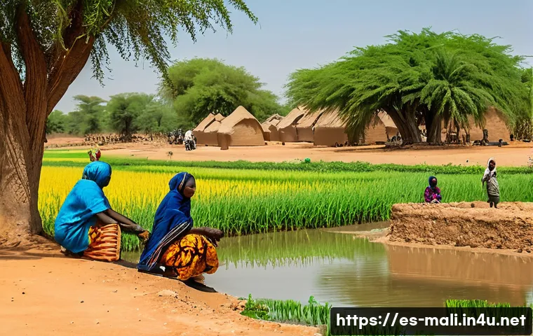 니제르 강과 말리 경제 - A vibrant rural Malian riverside scene along the Niger River during the dry season, showing local fa...