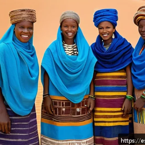 Home 31 말리 전통 의상 - A vibrant scene depicting a Malian festival with a diverse group of people dressed in traditional ga...