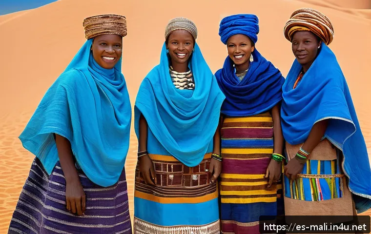 말리 전통 의상 - A vibrant scene depicting a Malian festival with a diverse group of people dressed in traditional ga...