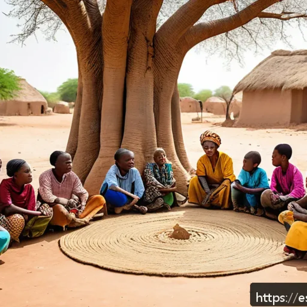 말리에서의 평화 구축 노력 - A vibrant community dialogue scene in a rural Malian village featuring ethnically diverse groups sit...