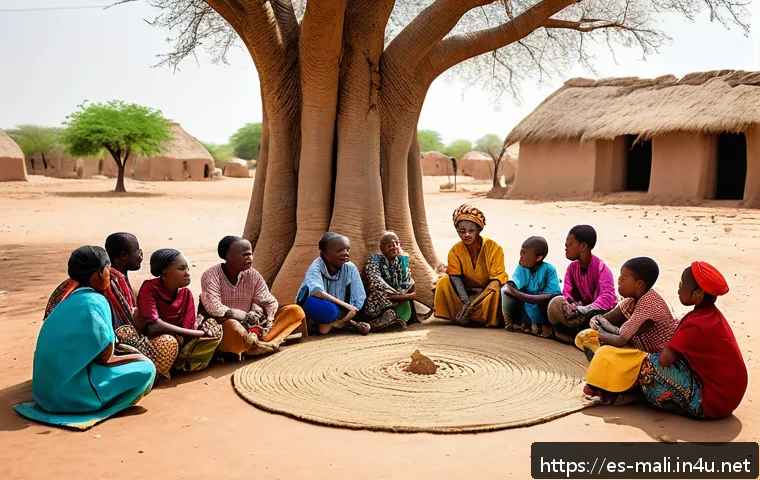 말리에서의 평화 구축 노력 - A vibrant community dialogue scene in a rural Malian village featuring ethnically diverse groups sit...