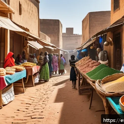 Home 17 말리 여행 필수 정보 - A vibrant Mali street market scene under bright sunlight, featuring local vendors selling traditiona...