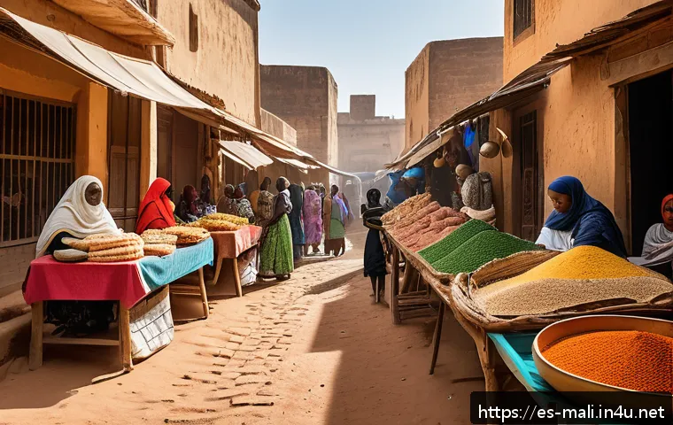 말리 여행 필수 정보 - A vibrant Mali street market scene under bright sunlight, featuring local vendors selling traditiona...