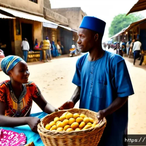 말리에서 사용하는 프랑스어 - Photorealistic documentary scene in a lively Bamako market, Mali, a French-speaking Malian shopkeepe...