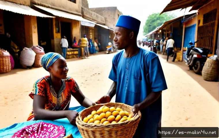 말리에서 사용하는 프랑스어 - Photorealistic documentary scene in a lively Bamako market, Mali, a French-speaking Malian shopkeepe...