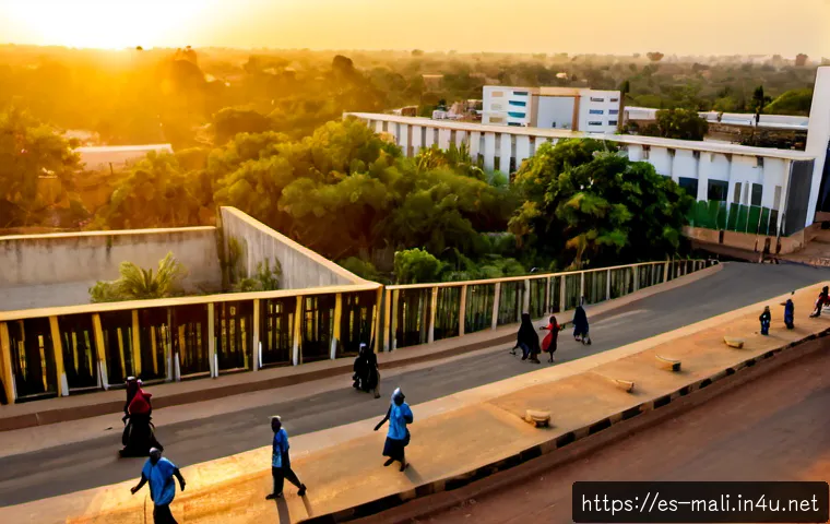 말리의 최근 정치 변화 - Photorealistic documentary-style view of Bamako, Mali, showing a modern government district at sunri...