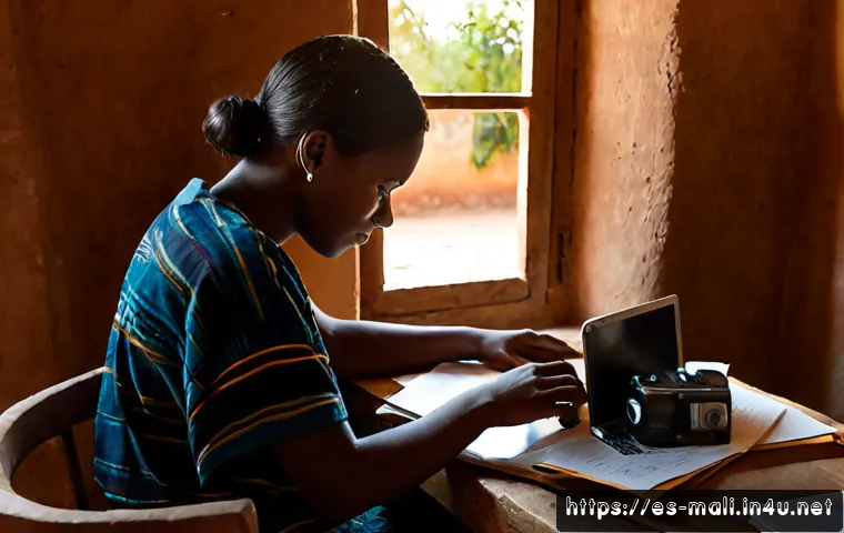 말리의 현대 문학과 저널리즘 - Photorealistic editorial scene in Bamako, Mali: a young Malian journalist in modest contemporary clo...