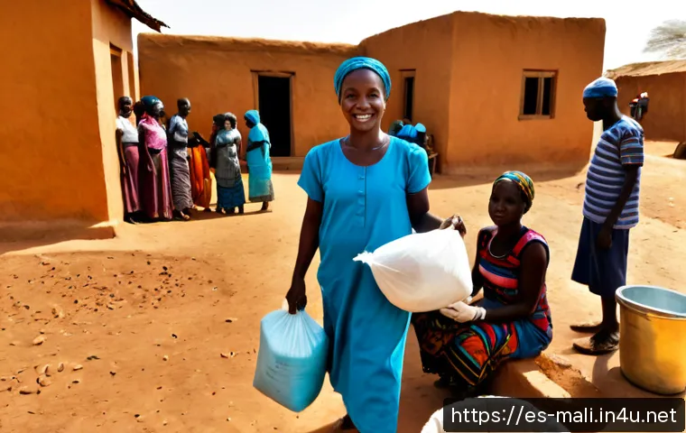 말리의 NGO 및 국제 원조 - Photorealistic humanitarian aid distribution in a rural Malian village, local NGO workers and West A...